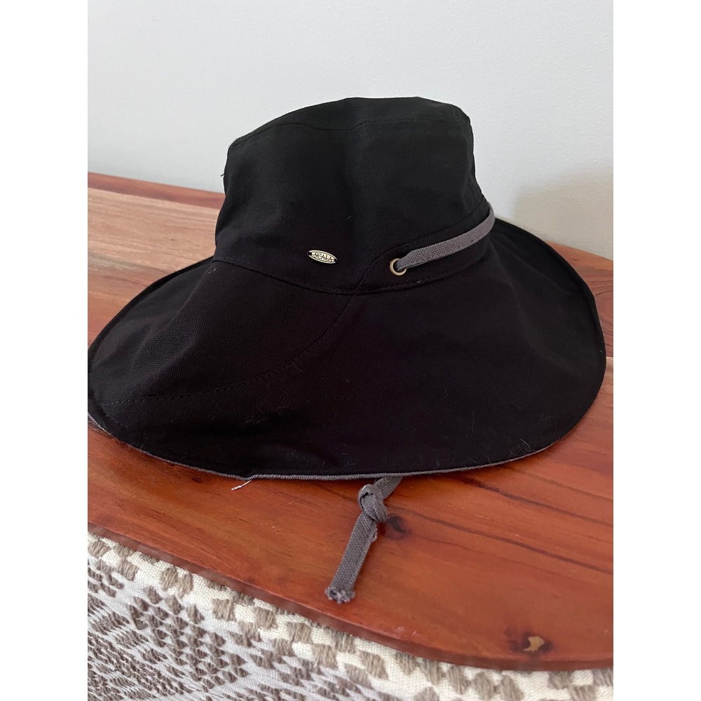 Scala Black Cotton Canvas Wide Brim Sun Hat Chin Strap LC834-BLK One Size